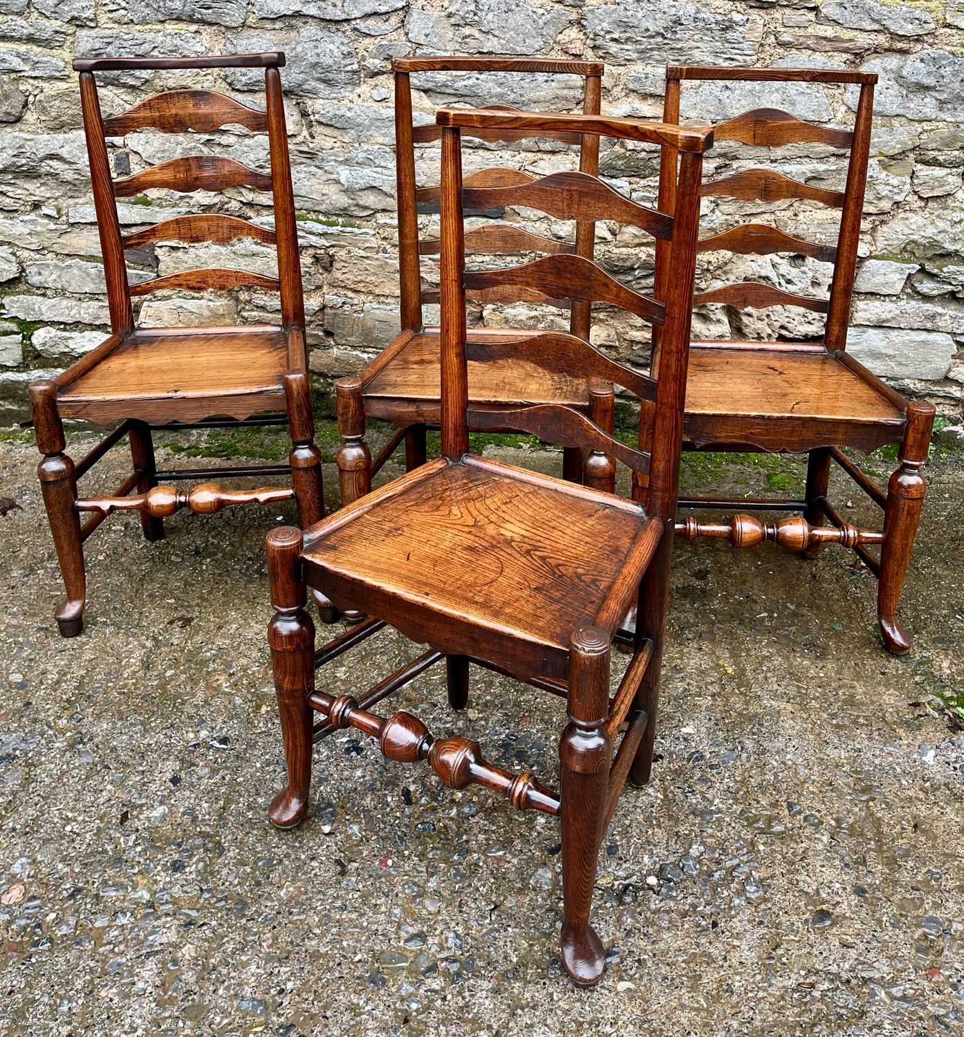 Set of 4 18th Century Ash and Elm Ladderback Chairs