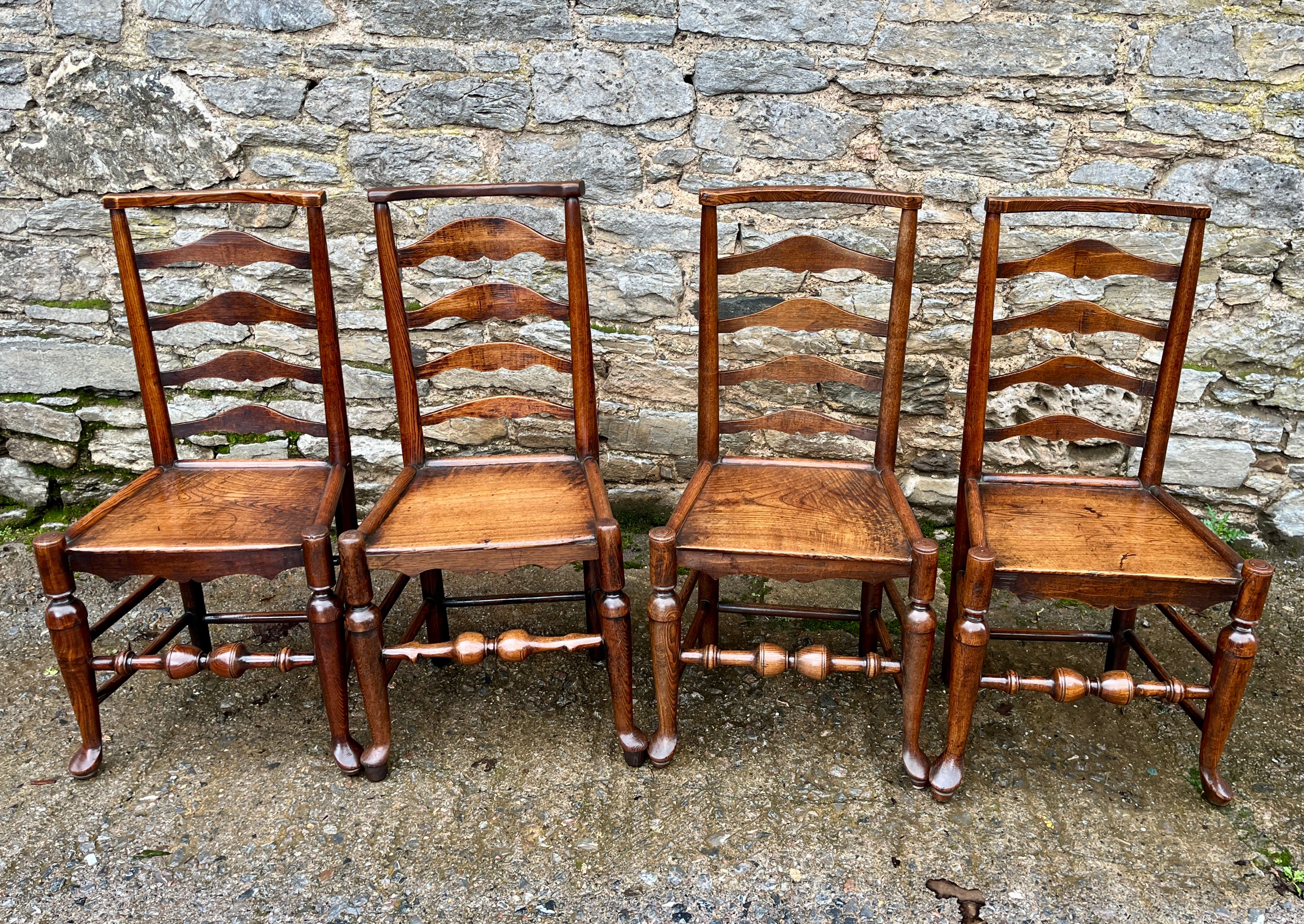 Set of 4 18th Century Ash and Elm Ladderback Chairs