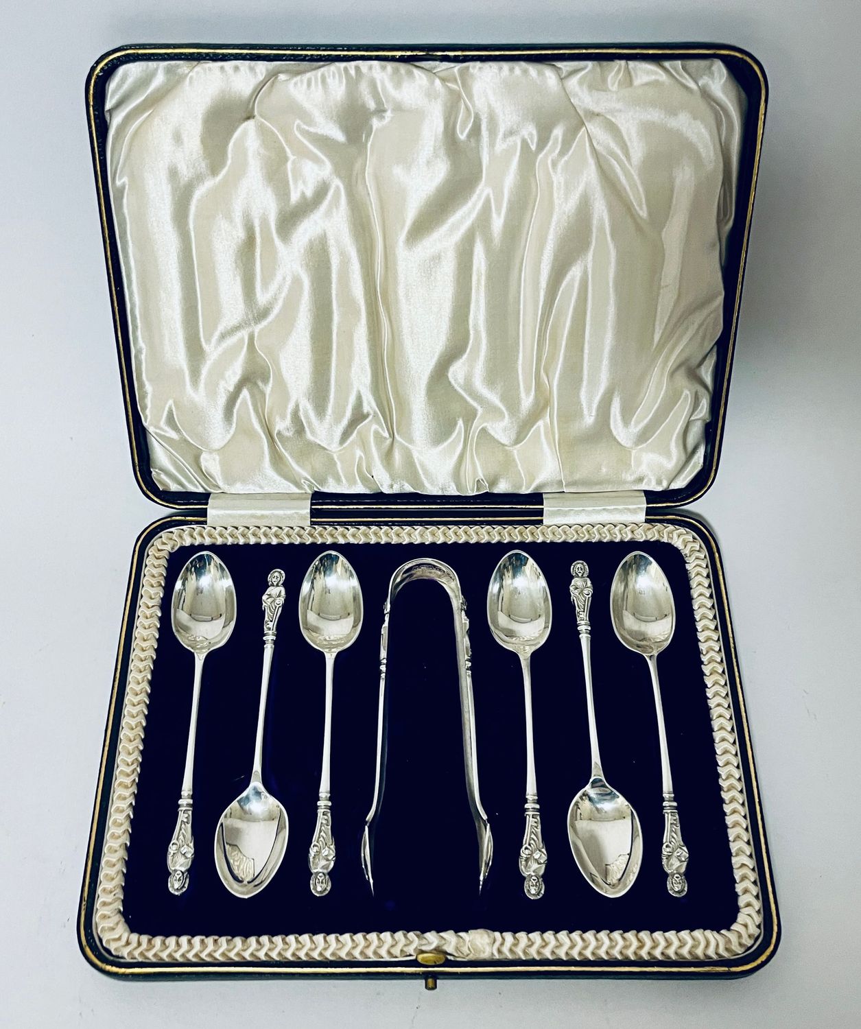Set of 6 Silver Apostle Spoons and Sugar Tongs