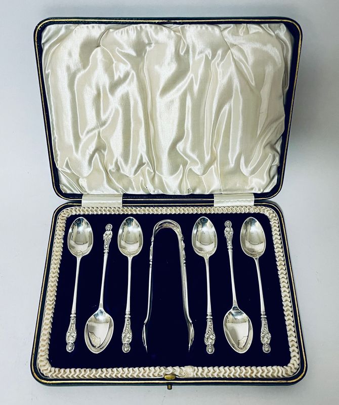 Set of 6 Silver Apostle Spoons and Sugar Tongs