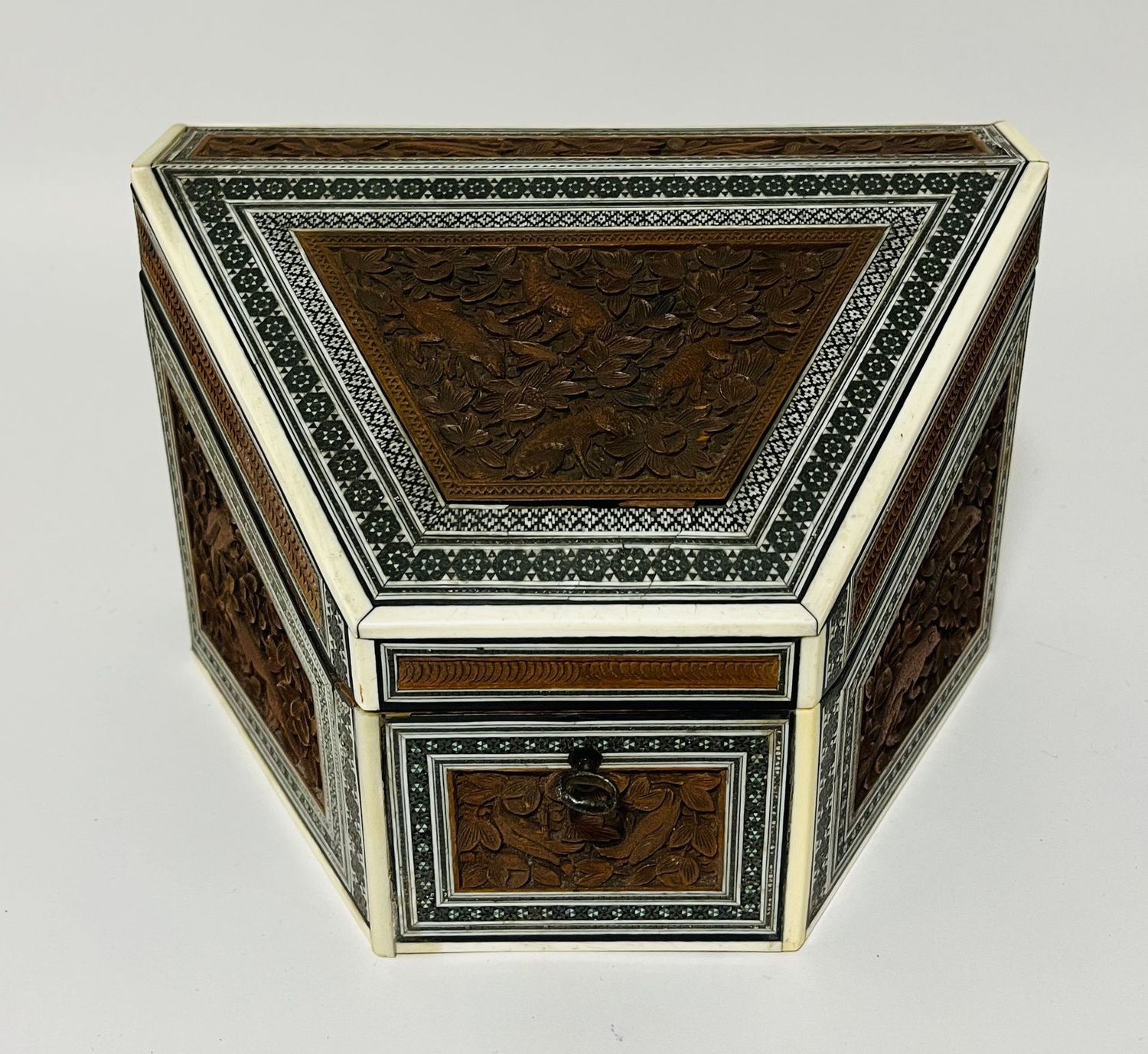 Anglo-Indian Carved Wood and Bone Stationery Box