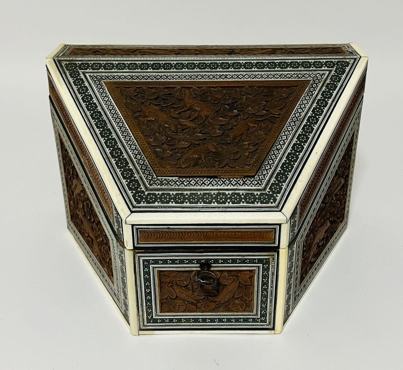 Anglo-Indian Carved Wood and Bone Stationery Box