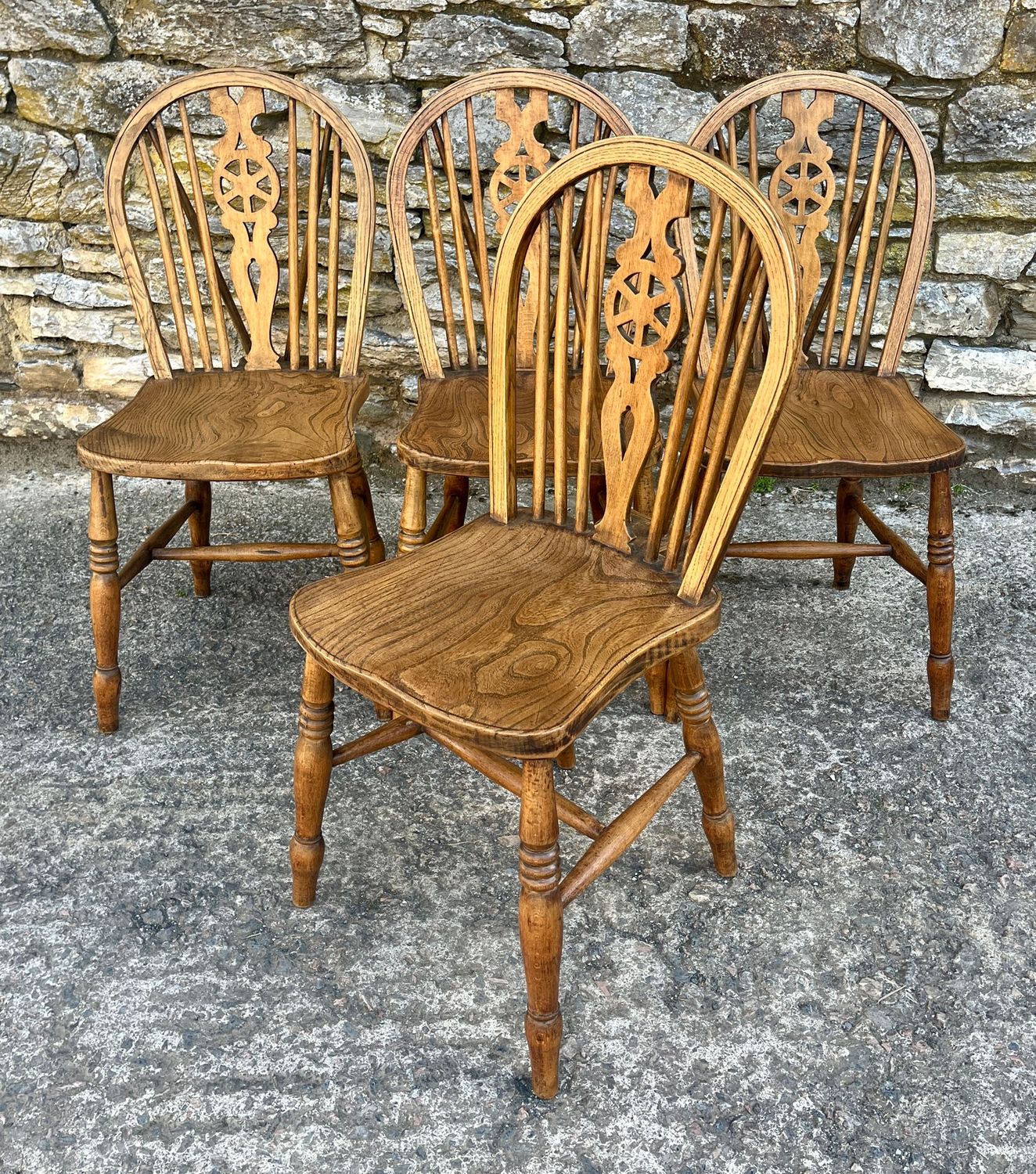 Set of 4 Antique Elm Wheelback Chairs