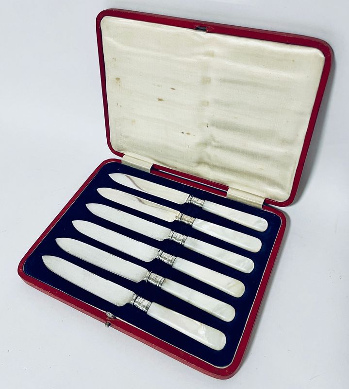 Set of 6 Antique Silver and Mother of Pearl Dessert Knives