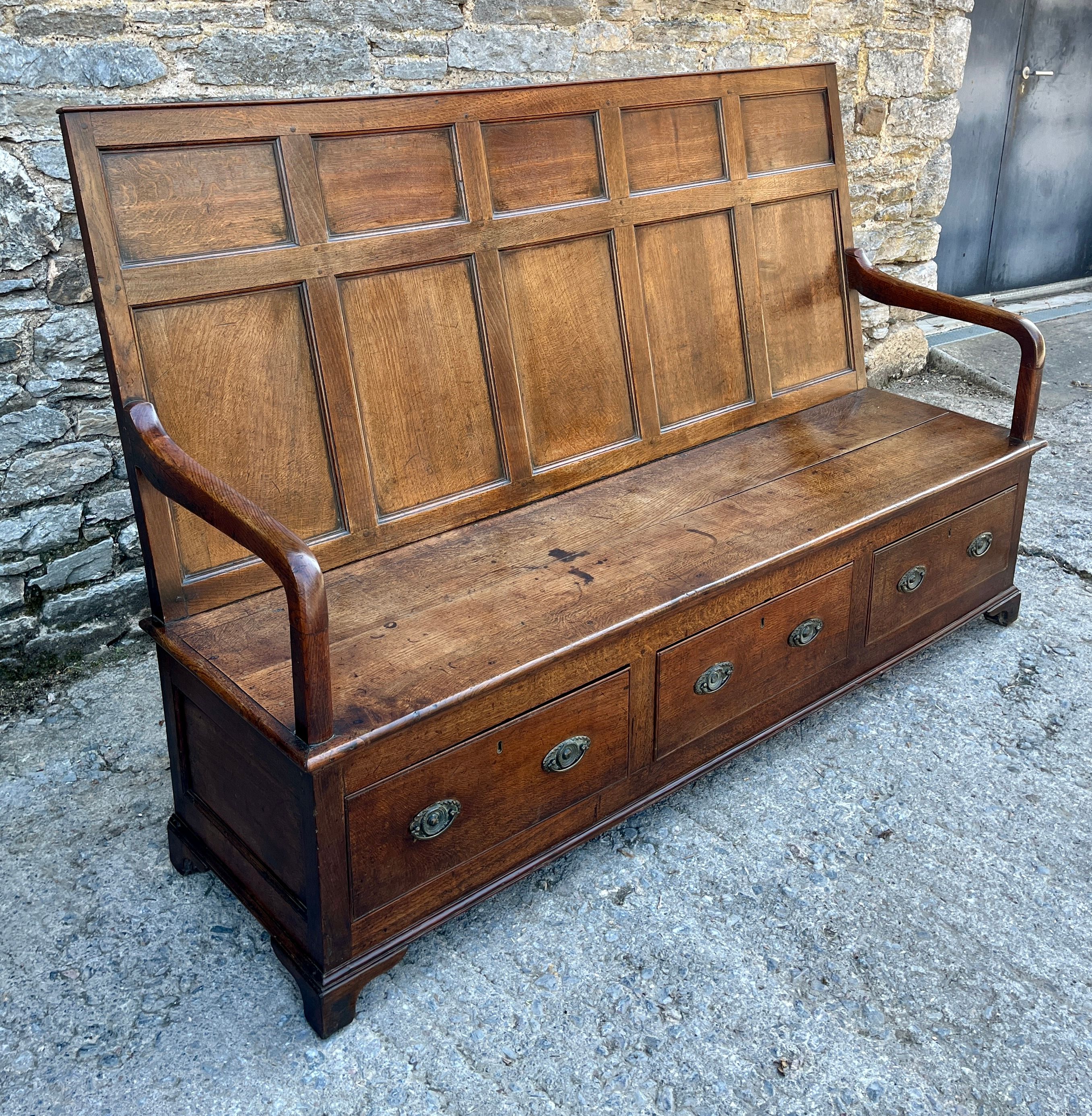 Georgian Oak Panelled Box Settle