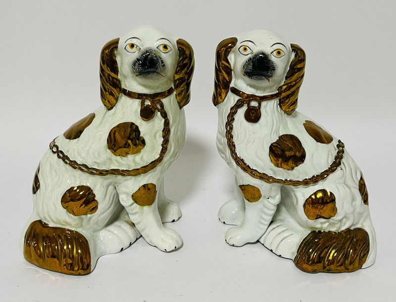 Pair Victorian Copper Lustre Staffordshire Dogs