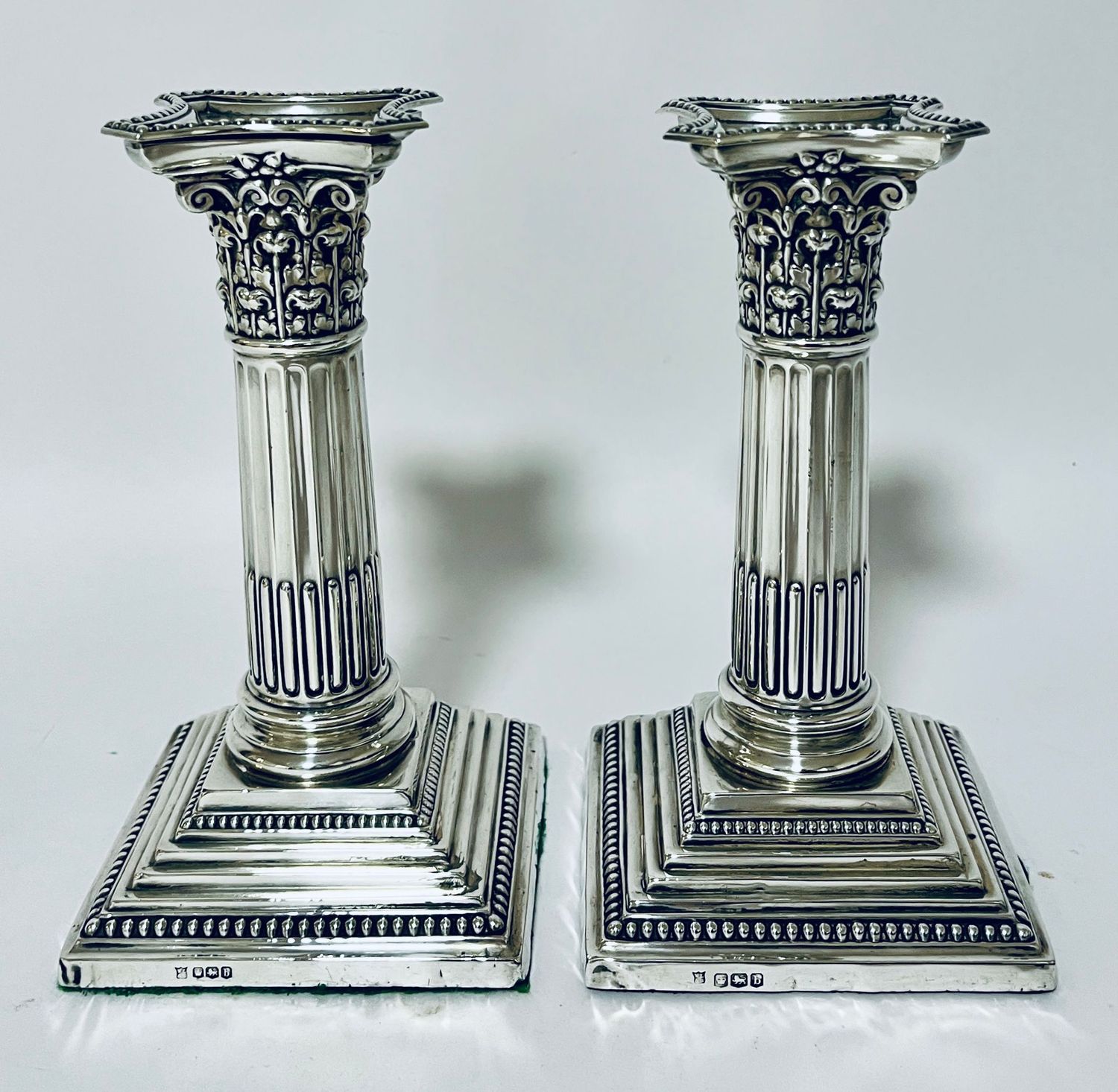 Pair of Antique Corinthian Column Silver Candlesticks Pair of Antique Corinthian Column Silver Candlesticks
