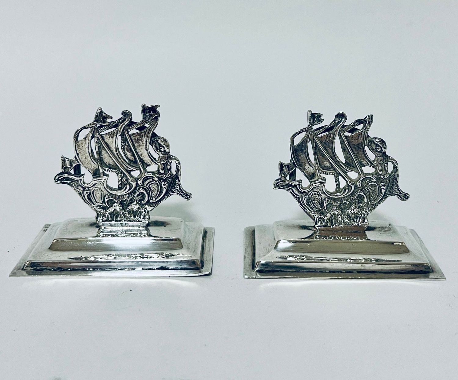 Pair of Antique Silver Galleon Menu Holders Pair of Antique Silver Galleon Menu Holders