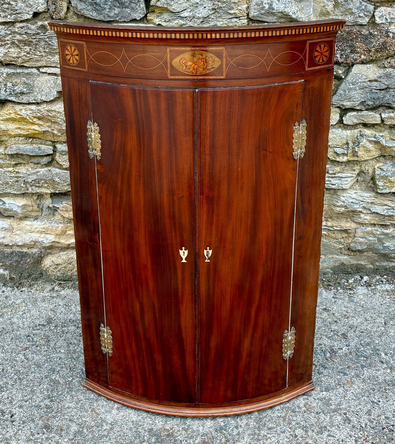 Georgian Mahogany Inlaid Bow Front Corner Cupboard