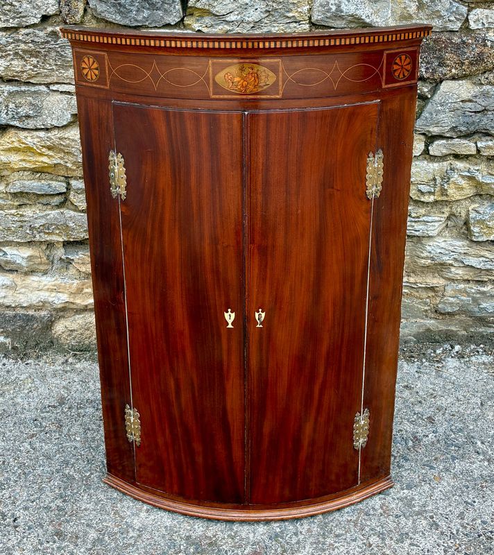 Georgian Mahogany Inlaid Bow Front Corner Cupboard