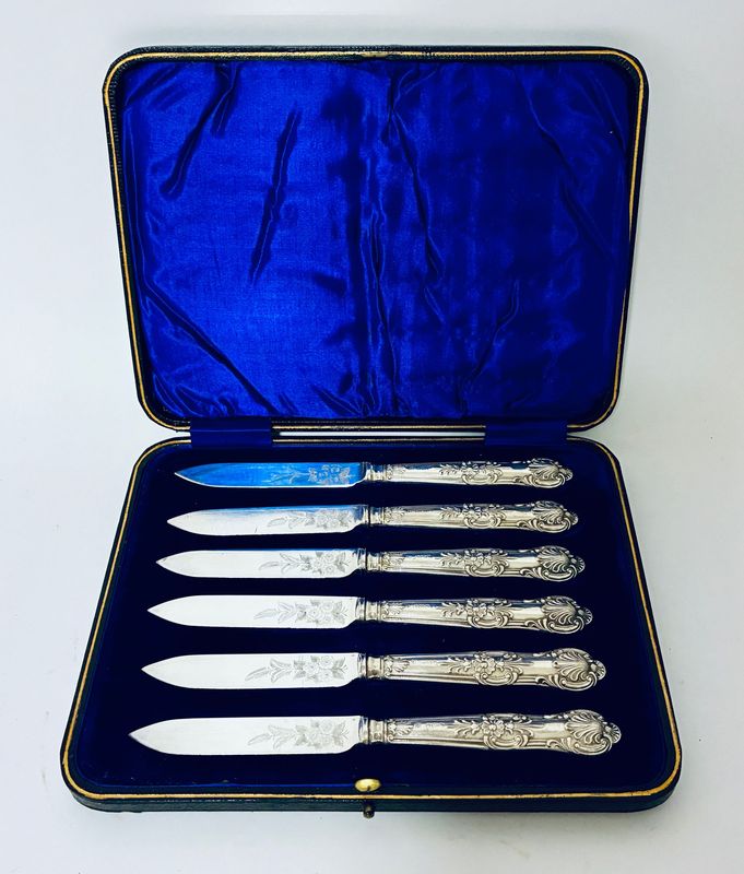 Set of 6 Antique Silver Handled Fruit Knifes
