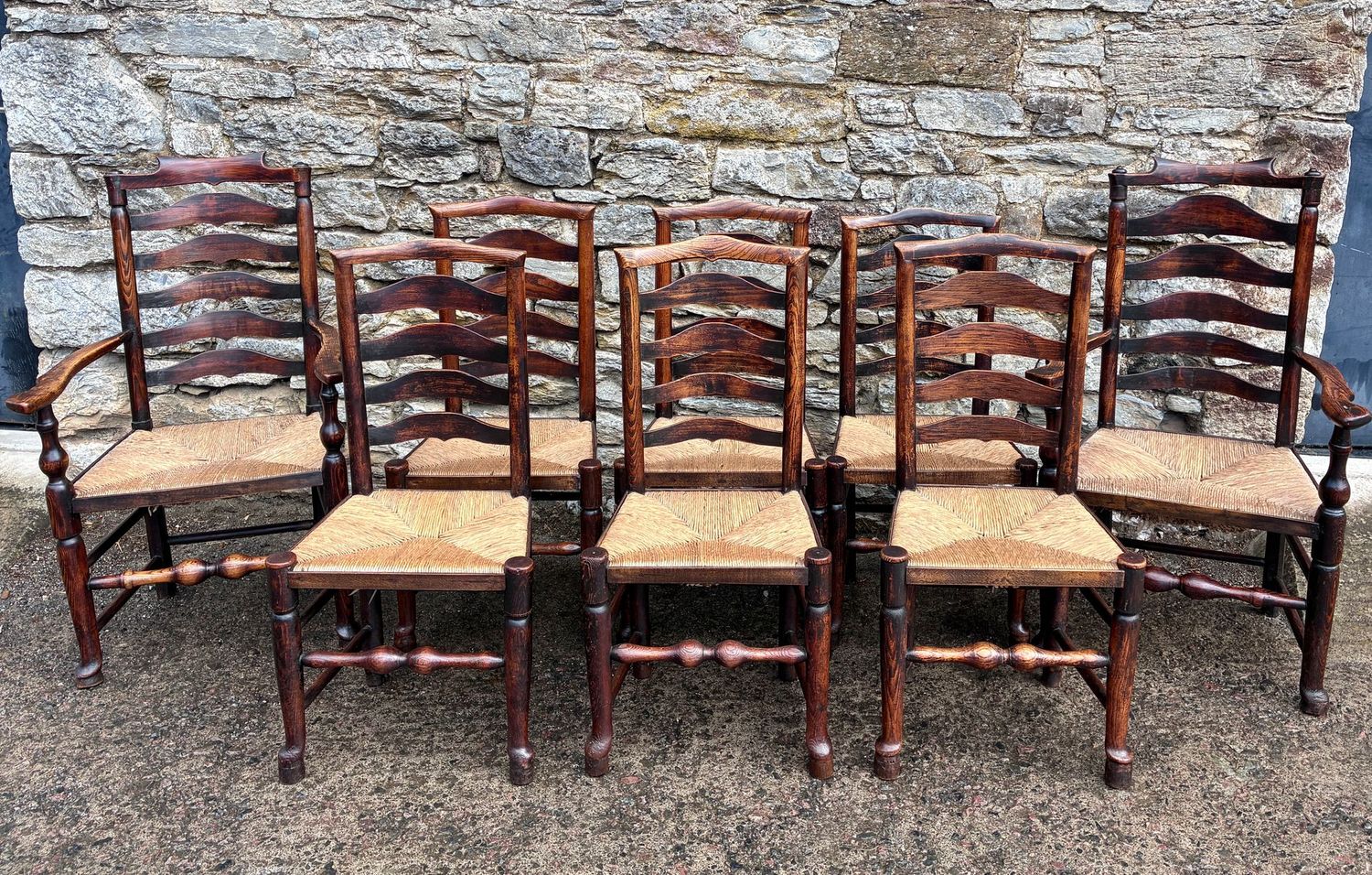 Eight 19th Century Ash and Elm Lancashire Ladderback Dining Chairs
