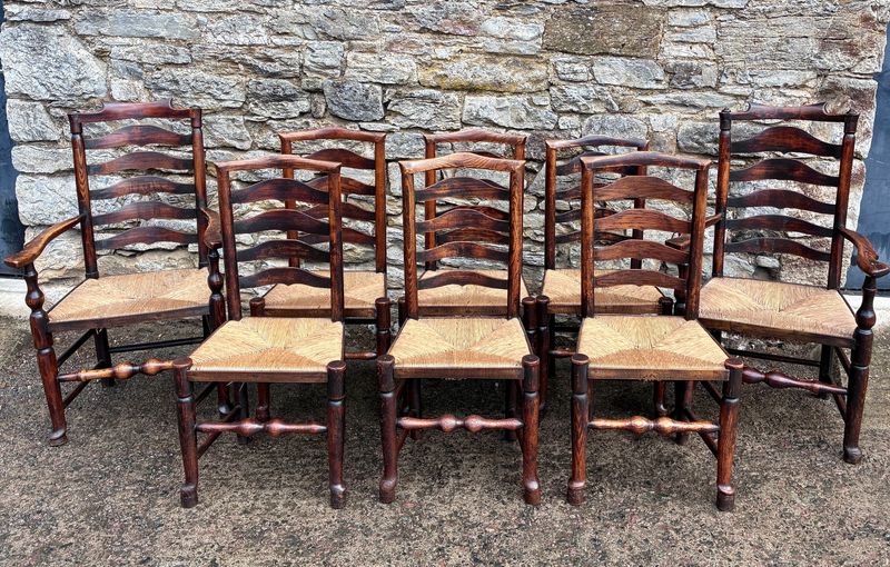 Eight 19th Century Ash and Elm Lancashire Ladderback Dining Chairs