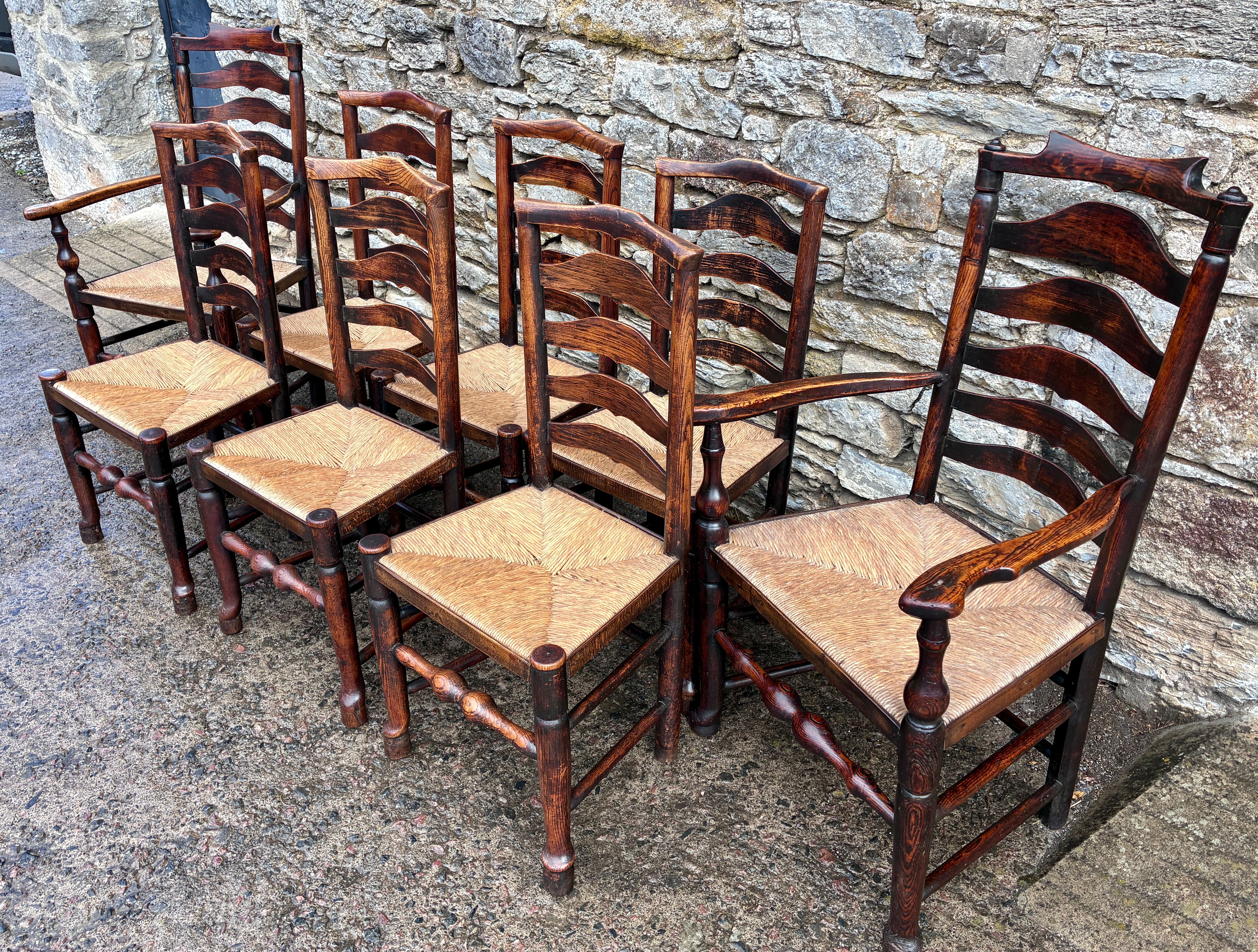 Eight 19th Century Ash and Elm Lancashire Ladderback Dining Chairs