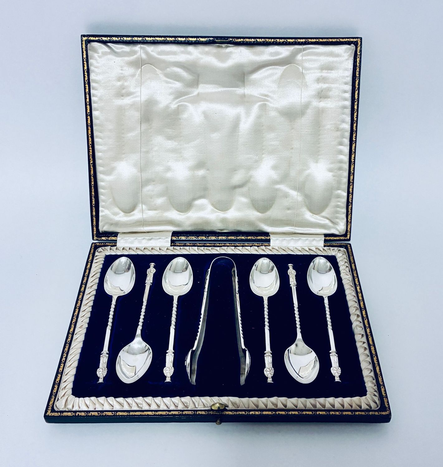 Set of 6 Antique Silver Apostle Spoons and Tongs