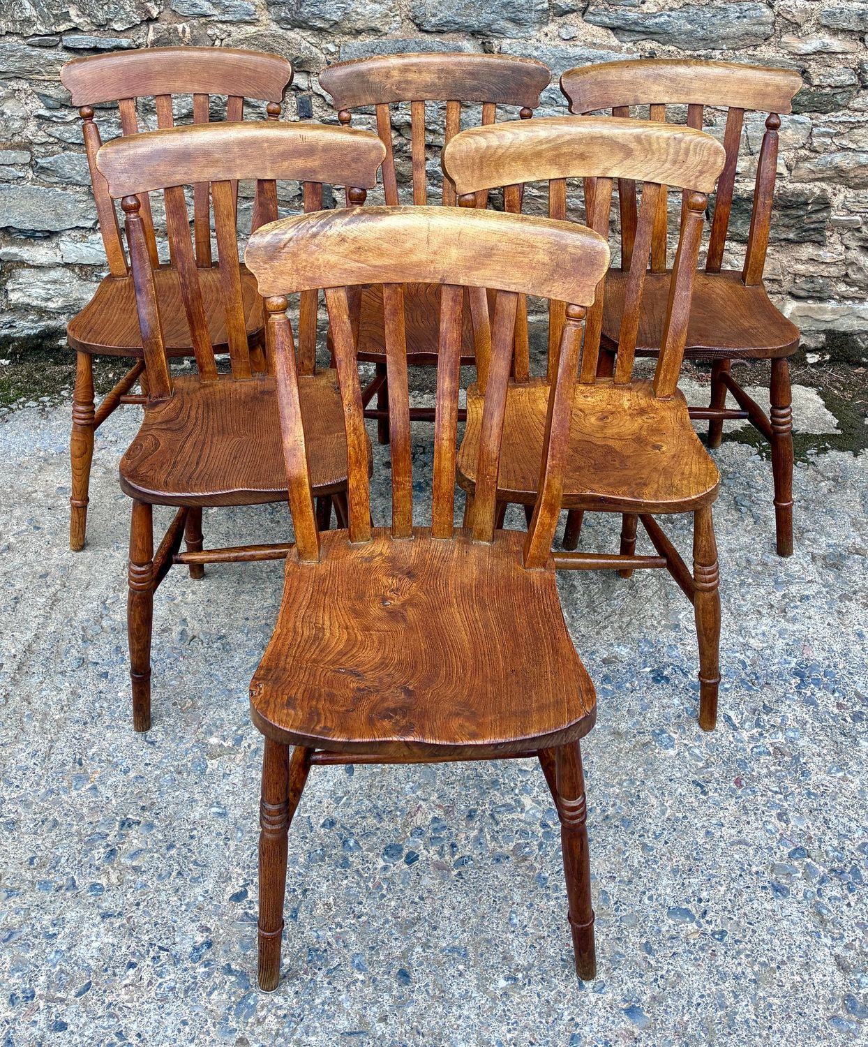 Set of 6 Victorian Elm Lathe Back Chairs