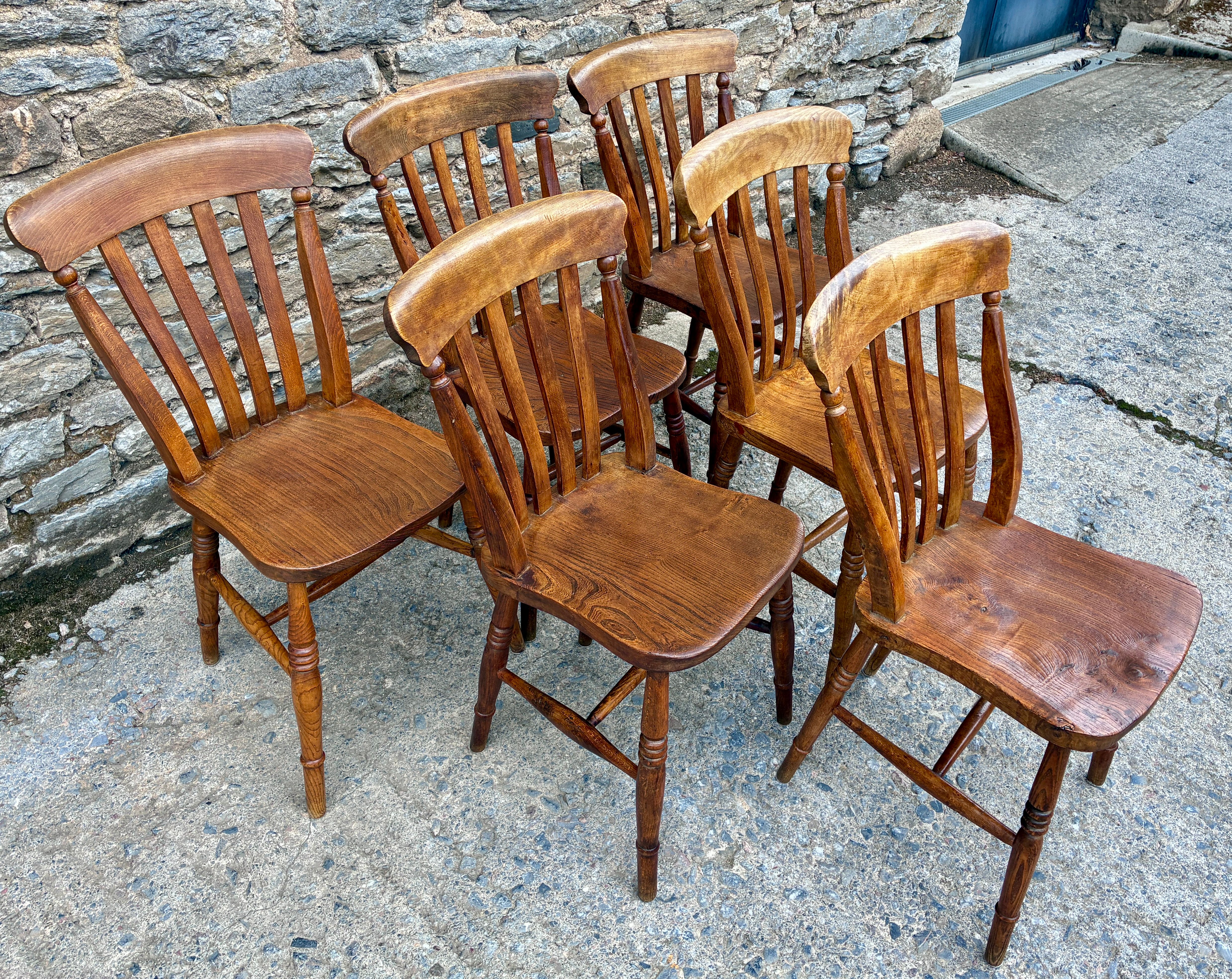 Set of 6 Victorian Elm Lathe Back Chairs