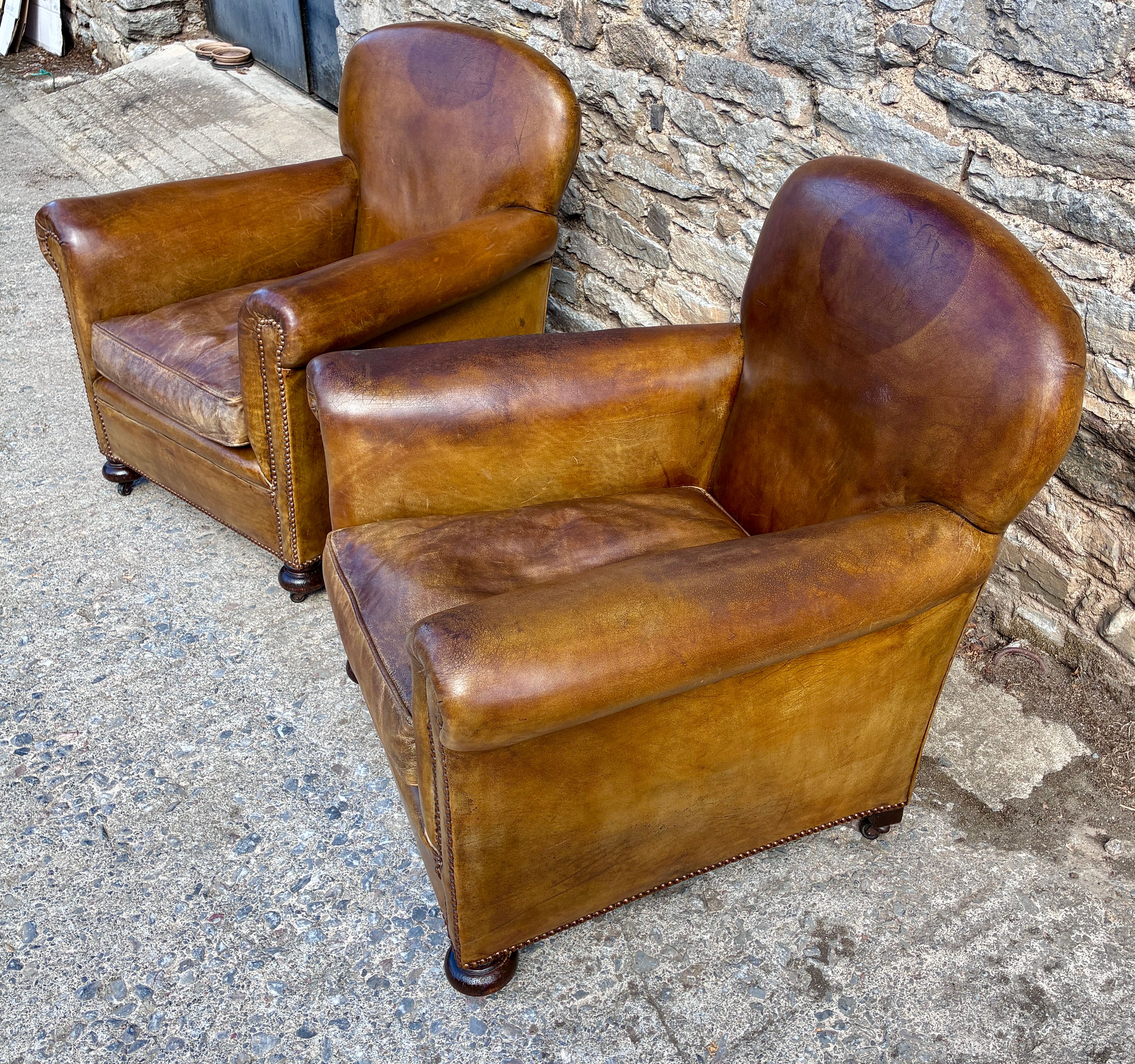 Pair of Antique Leather Club Chairs