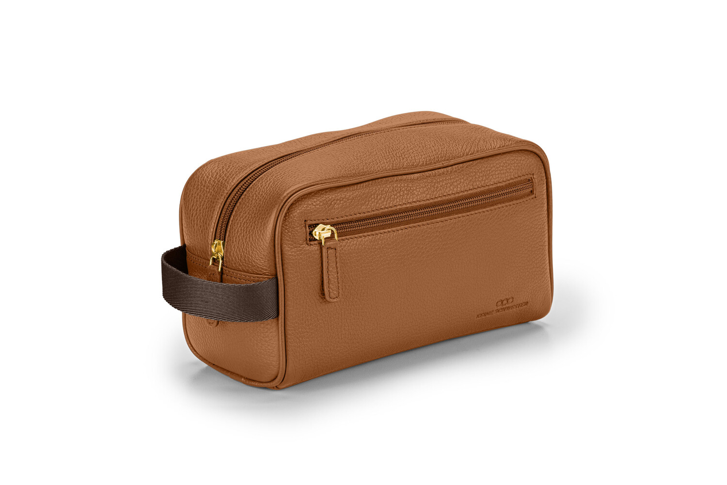 WASCHTASCHE genarbtes Leder karamell-dunkelbraun-gold