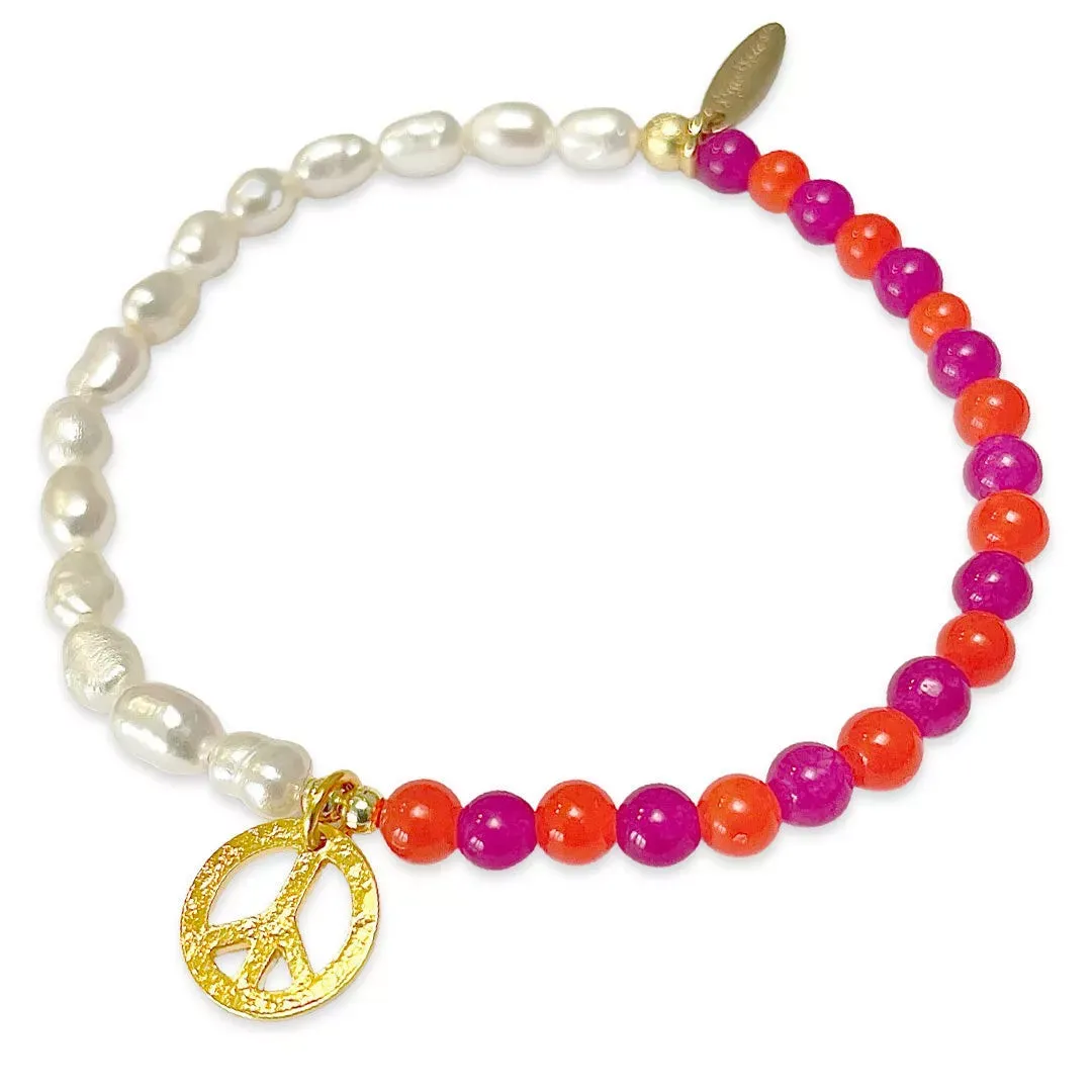 Süßwasserperlen Armband / margenta-orange, gold