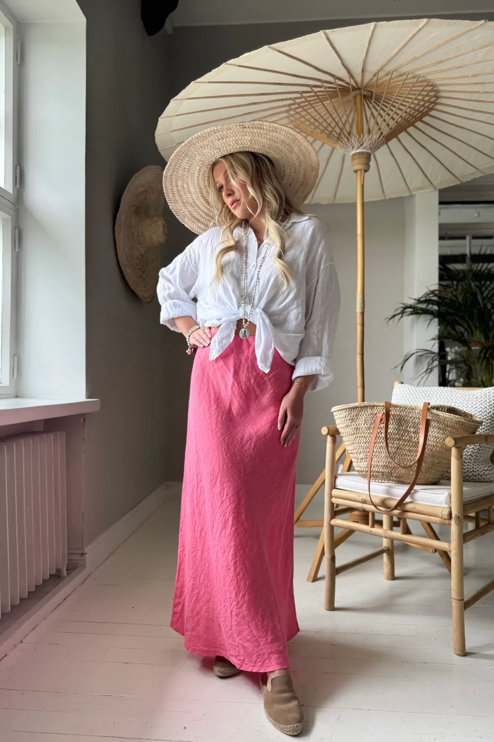 Linen Pencil Skirt, malibu pink