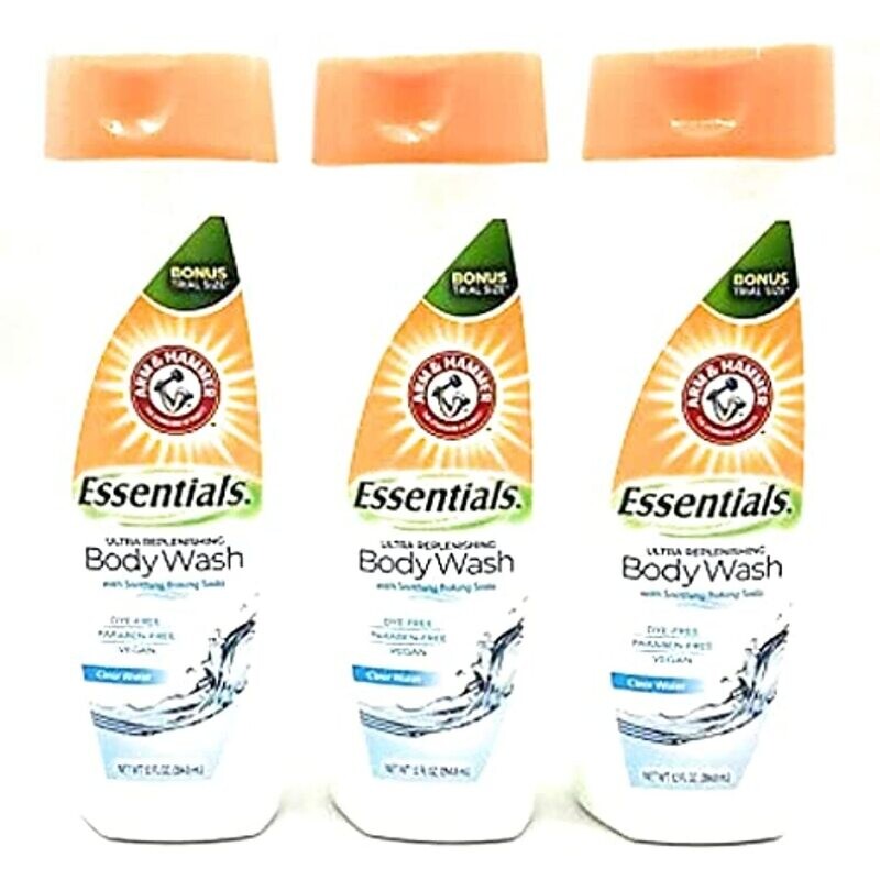 Arm &amp; Hammer Essentials Ultra Replenishing Body Wash With Naturally Sourced Baking Soda Clear Water 12 Ounce 3 pack