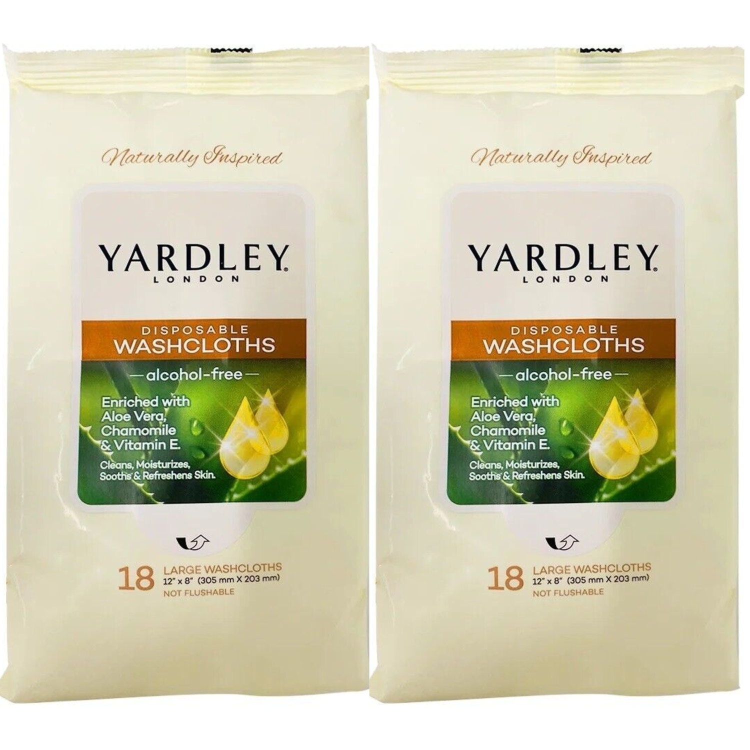 YARDLEY LONDON disposable washcloths alcohol-free enriched with Aloe Vera Chamomile &amp; Vitamin E, 18 Large cloths each. (Pack Of 2)