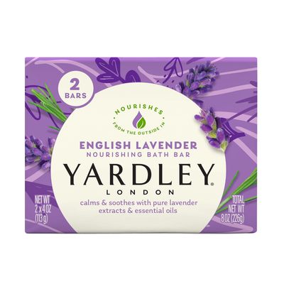 Yardley London Nourishing Bath Soap Bar English Lavender, Calms &amp; Soothes with Pure Lavender Extracts &amp; Essential Oils 4.0 oz Bath Bar, 2 Soap Bars