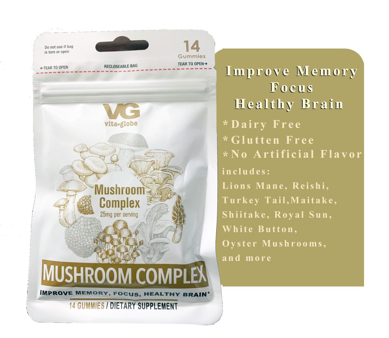 VG Mushroom Complex 25mg per serving 14 gummies pack Improve Memory, Focus Healthy Brain Vita Globe - 3 PACK