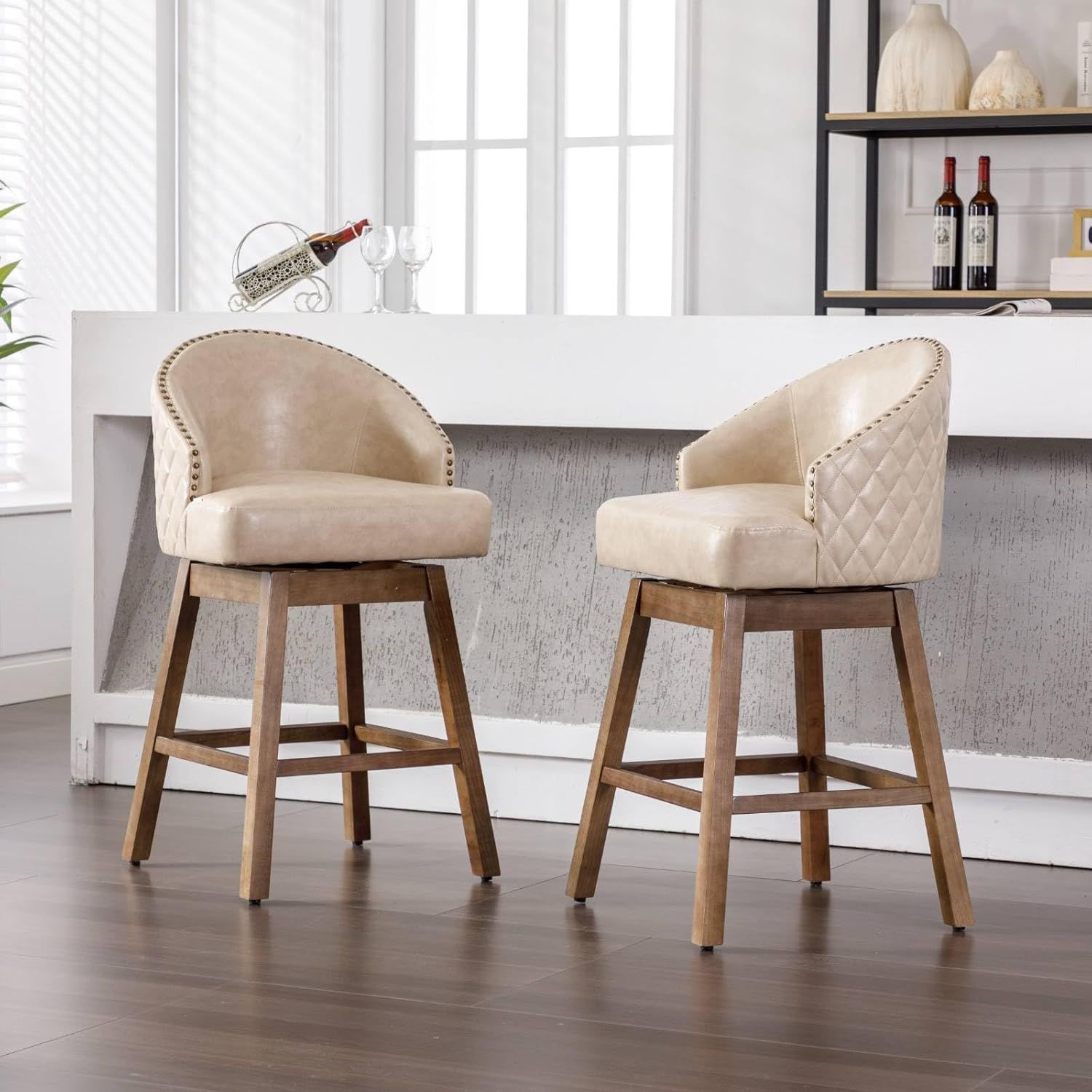 Frithjill Counter Height Faux Leather Wood Legs Mid Century Swivel Bar Stool Cream Apricot PU Set 2