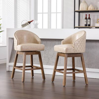 Frithjill Counter Height Faux Leather Wood Legs Mid Century Swivel Bar Stool Cream Apricot PU Set 2