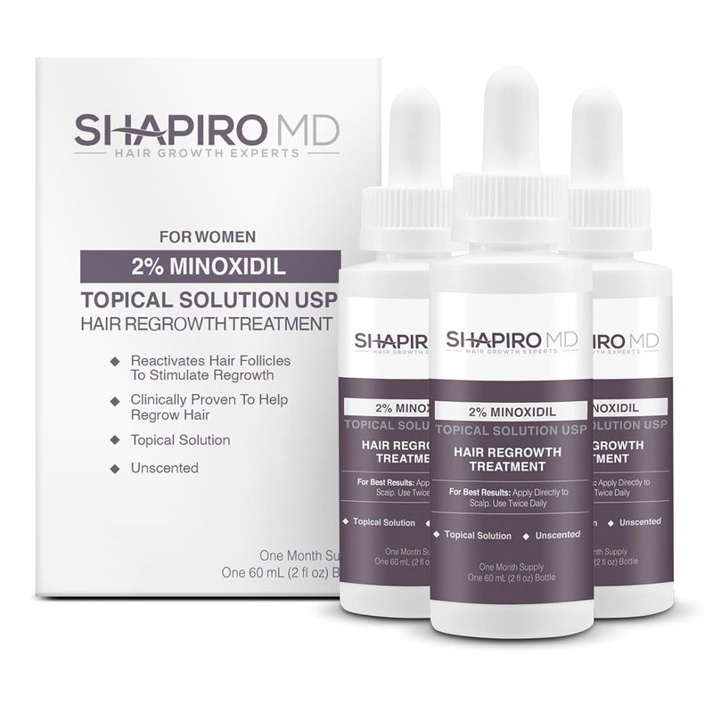 Shapiro MD Hair Growth Experts Minoxidil 2% Topical Solution for Women, Serum Promotes Hair Regrowth by Reactivating Hair Follicles (3 Month 3 Bottles)