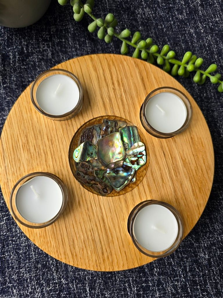 Turned Oak Plate Tea-Light Holder with Pāua Shell Inset.