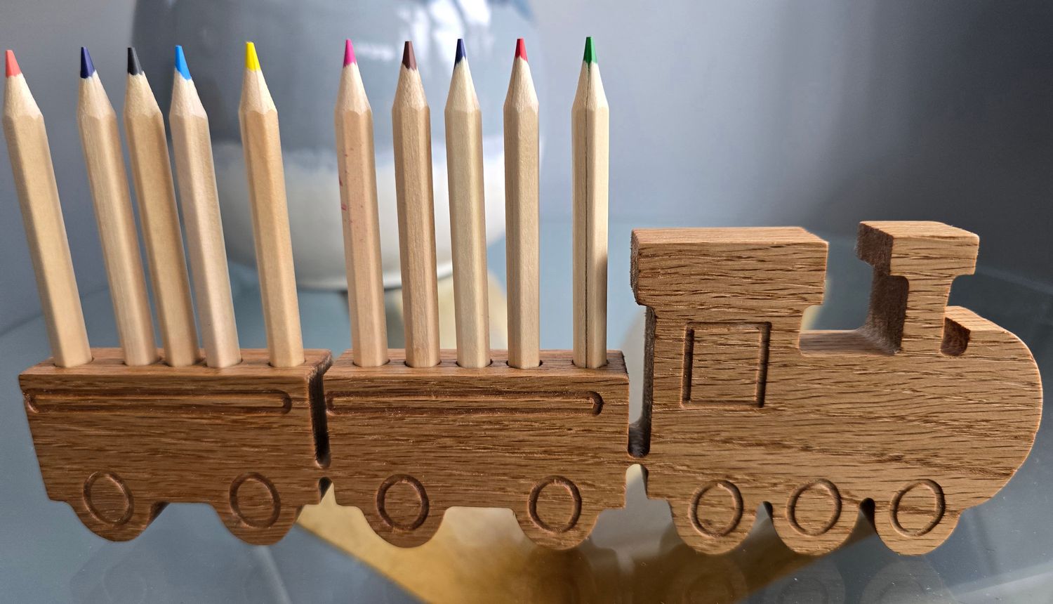 Solid Oak Train Pencil Holder