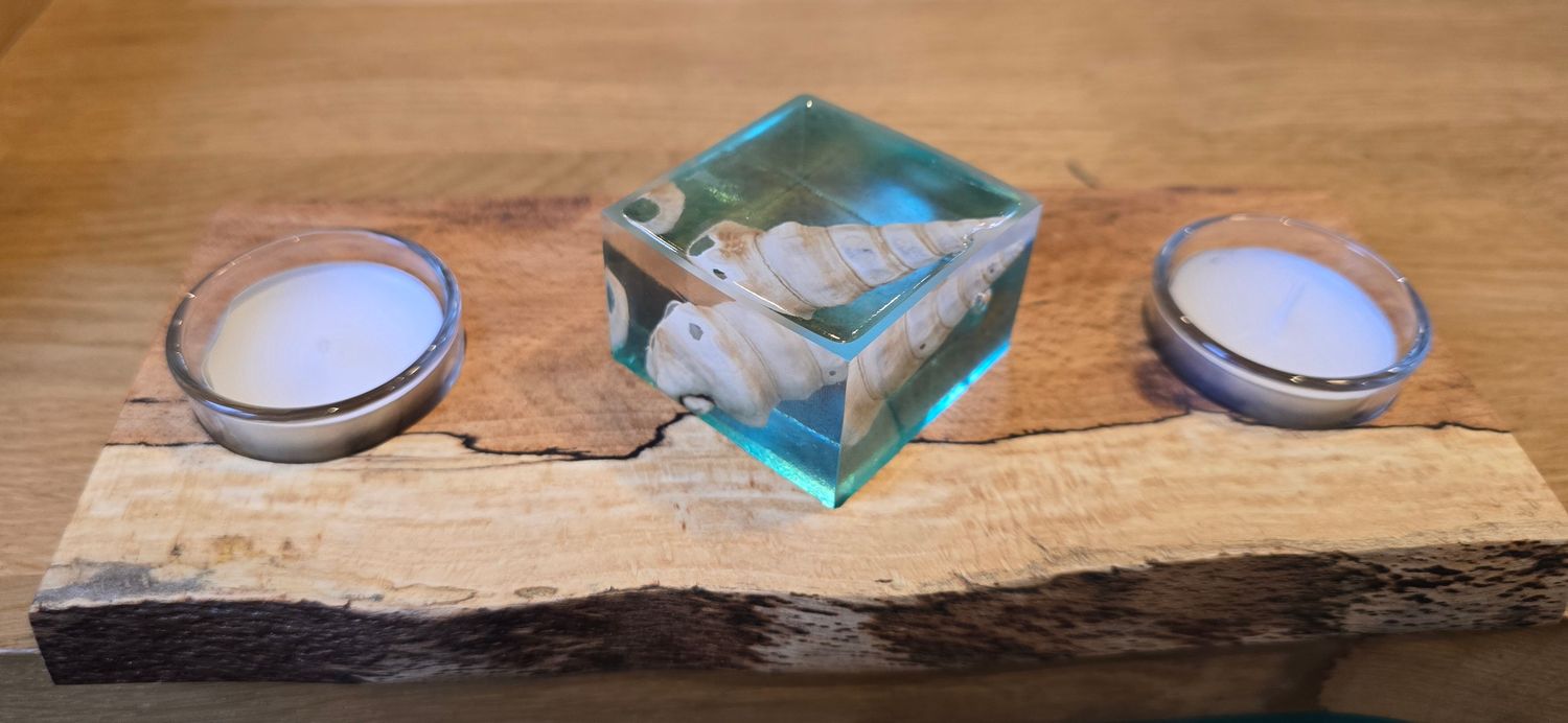 Totally Unique Spalted Beech, Shell in Resin Dual Tea-Light Holder.