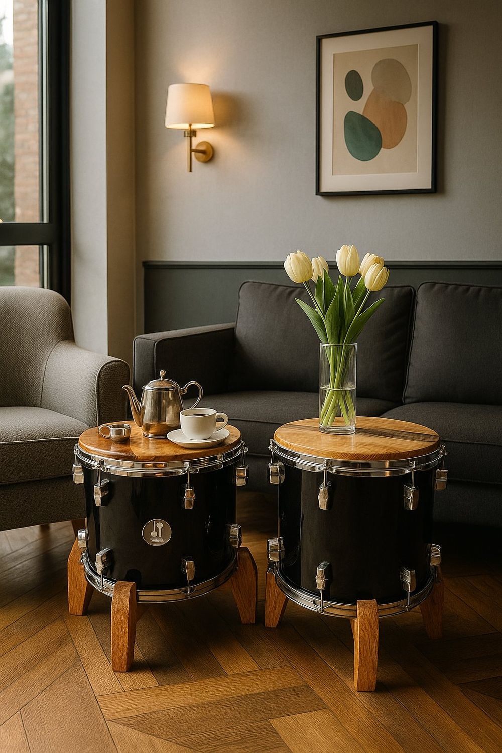 Upcycled Sonor Drum Tables – Handcrafted European Walnut & Resin Design