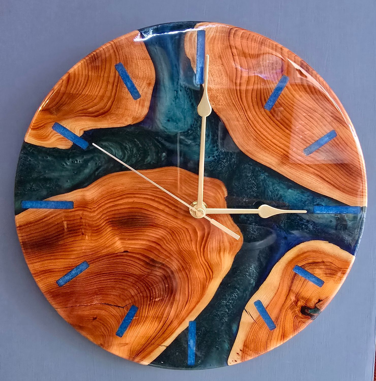 Handcrafted Yew & Blue-Green Resin Wall Clock Handcrafted Yew & Blue-Green Resin Wall Clock