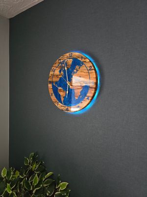 Planet Earth Wall Clock – Spalted Beech & Blue Resin with LED Backlight