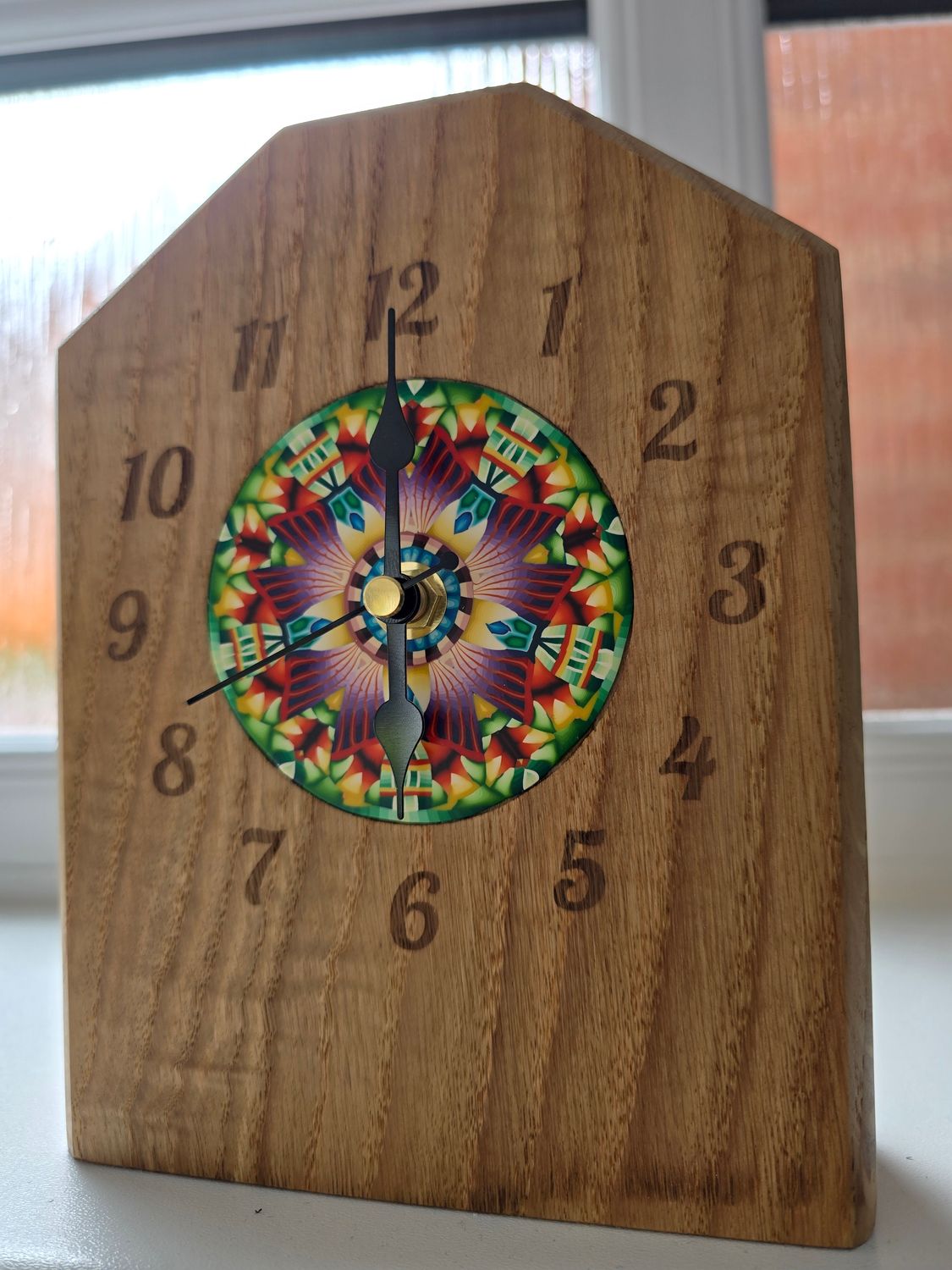 Solid Oak Collaboration Mantel Clock with Millefiori Polymer Centrepiece Solid Oak Collaboration Mantel Clock with Millefiori Polymer Centrepiece