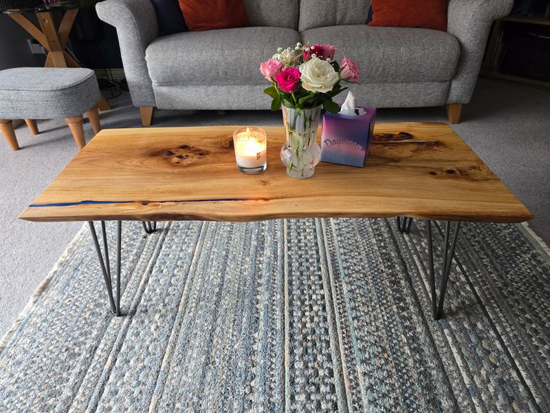 Blue Vein Ash Coffee Table with Electric Blue Resin