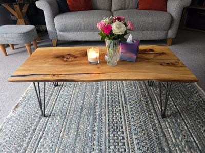 Blue Vein Ash Coffee Table with Electric Blue Resin Blue Vein Ash Coffee Table with Electric Blue Resin