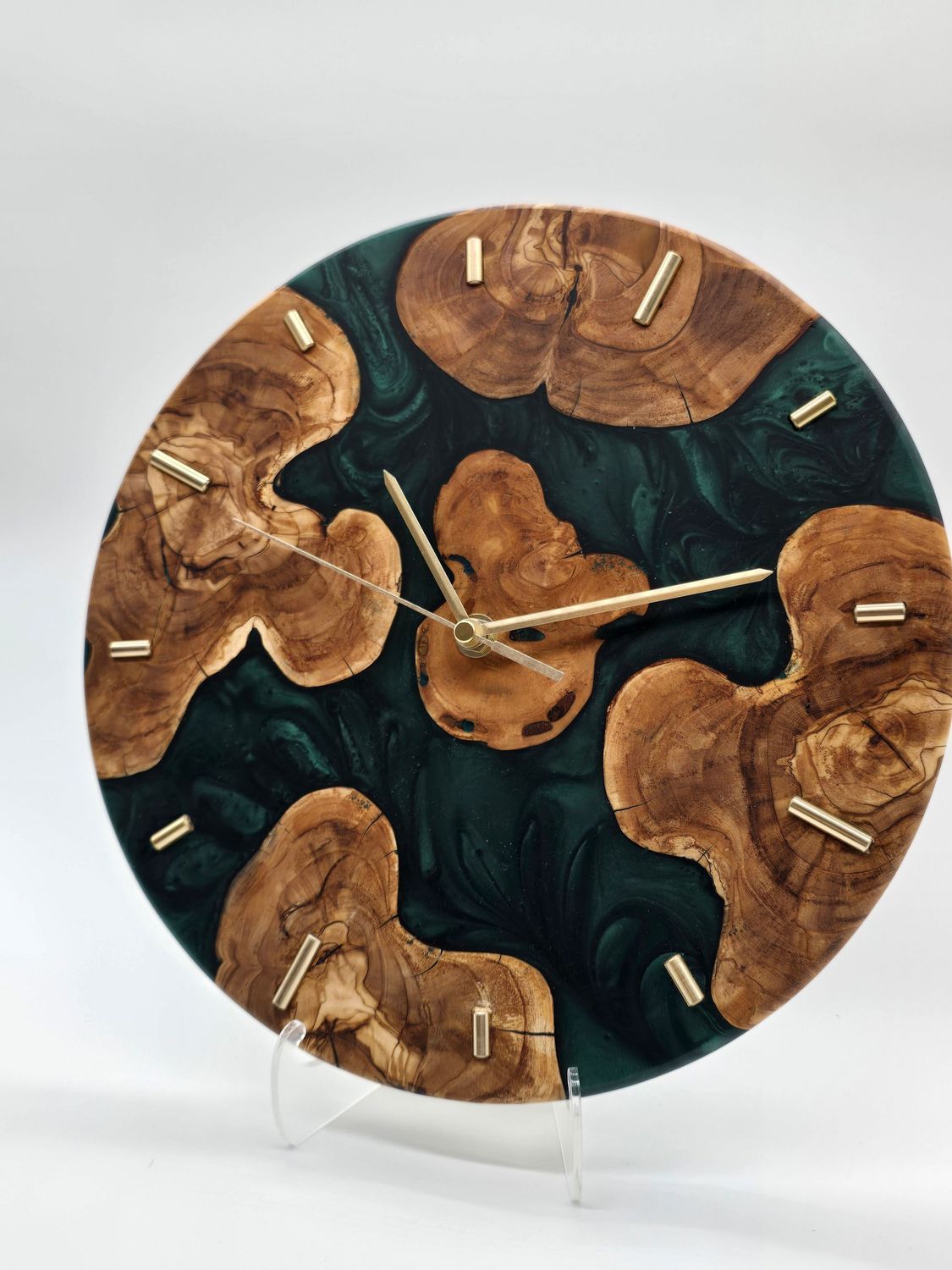 Olivewood & Emerald Resin Statement Wall Clock – One of a Kind Olivewood & Emerald Resin Statement Wall Clock – One of a Kind