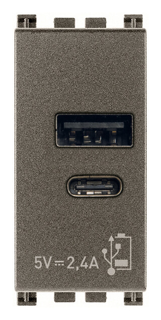 Зарядное устройство с разъемом USB A+C 5V 2,4A, 1модуль, Metal