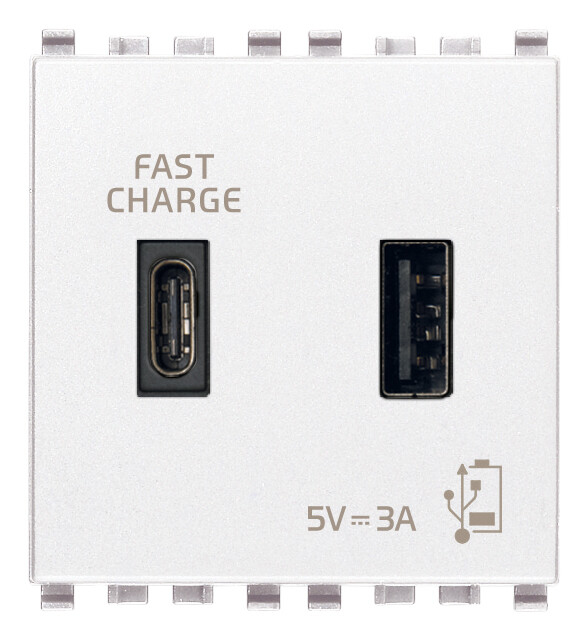 Зарядное устройство с разъемом USB A+C 5V 3A, 2 модуля, белое