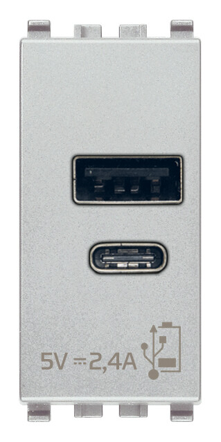 Зарядное устройство с разъемом USB A+C 5V 2,4A, 1модуль, серебро матовое