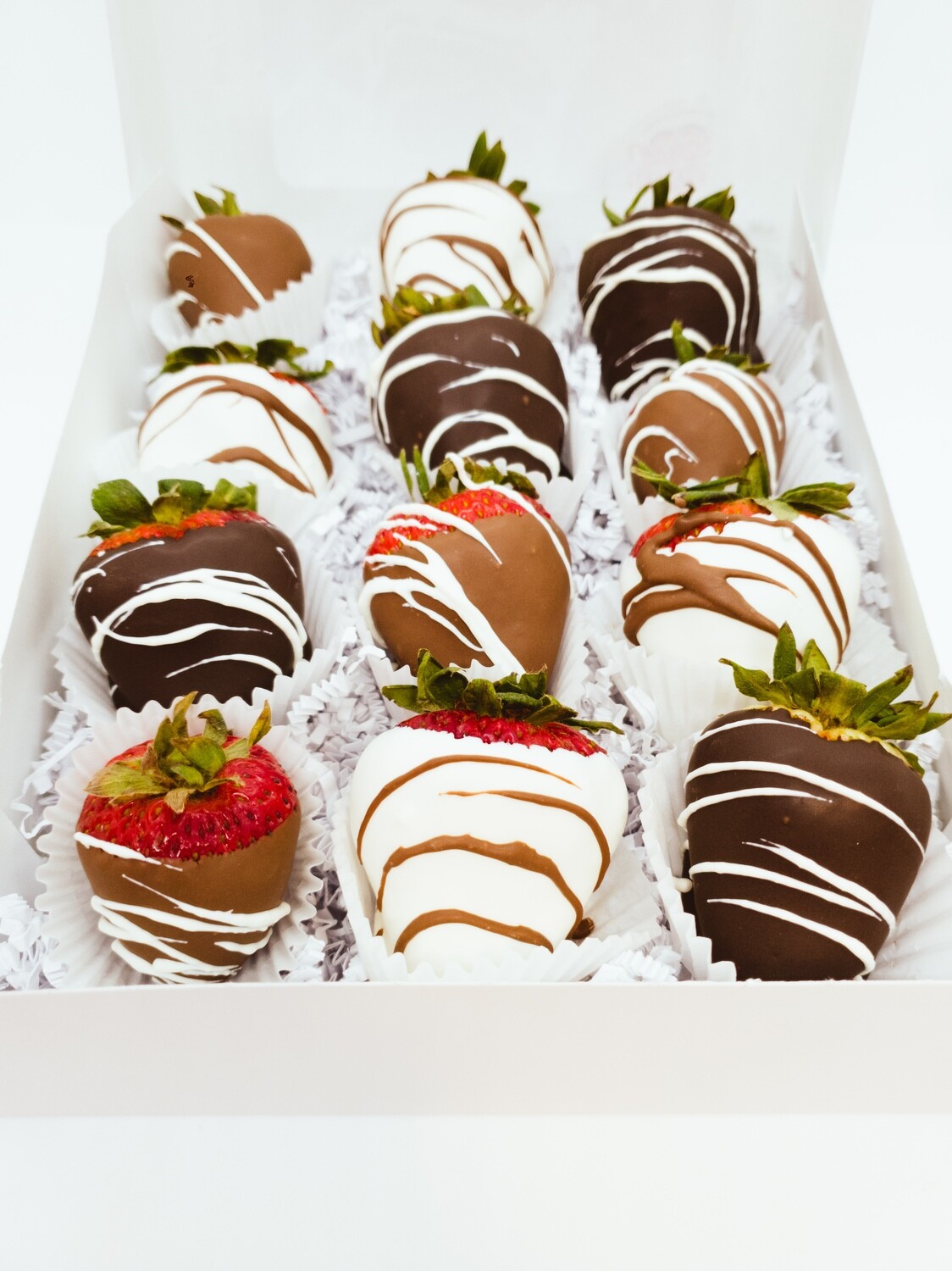 Variety Box of 12- Dark Chocolate, Milk Chocolate, White Chocolate Strawberries