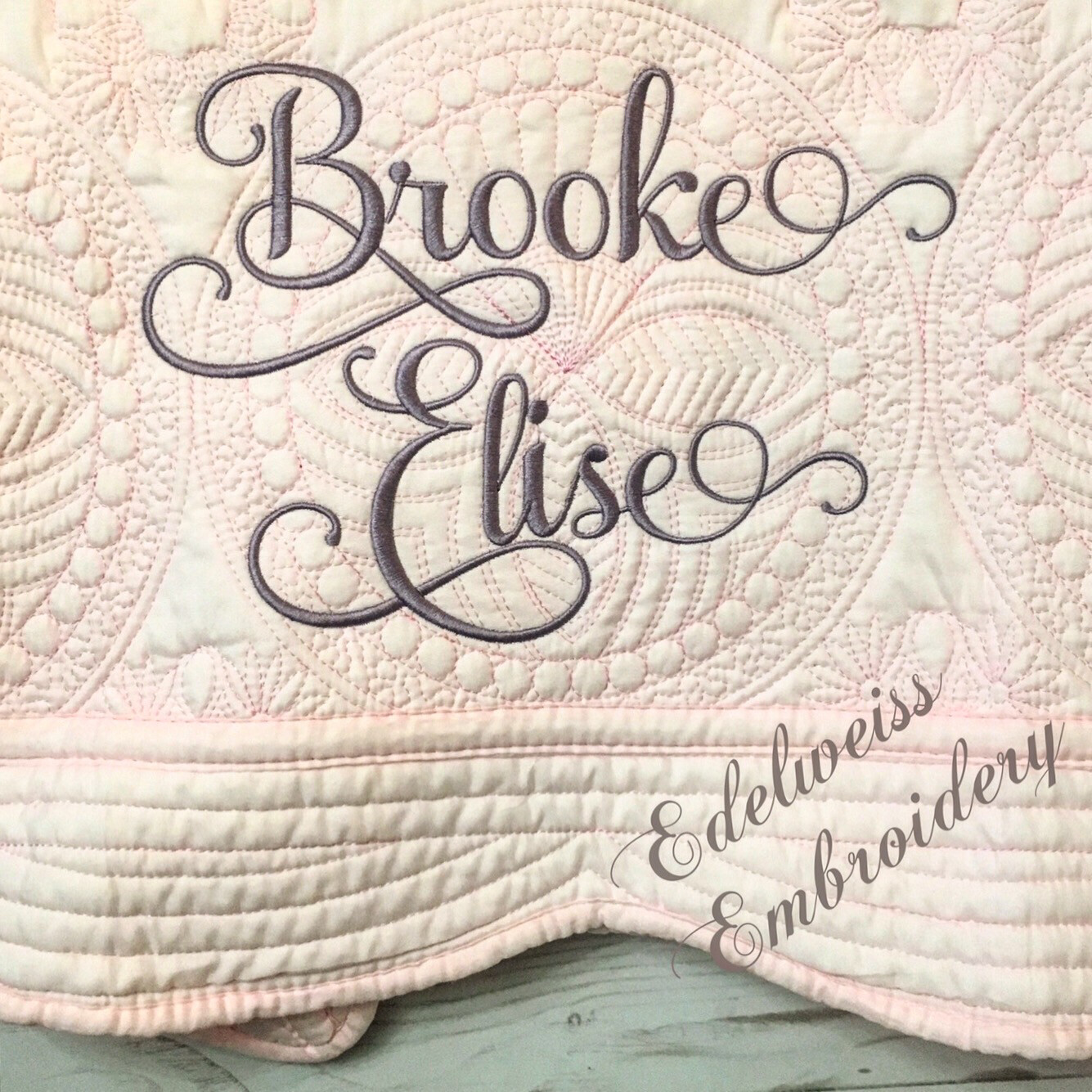Cursive Large Embroidery Heirloom Quilt