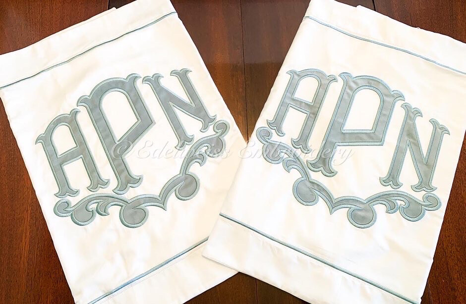 White Large Monogram Sham with Velvet Appliqué With Or Without Embroidered Edge