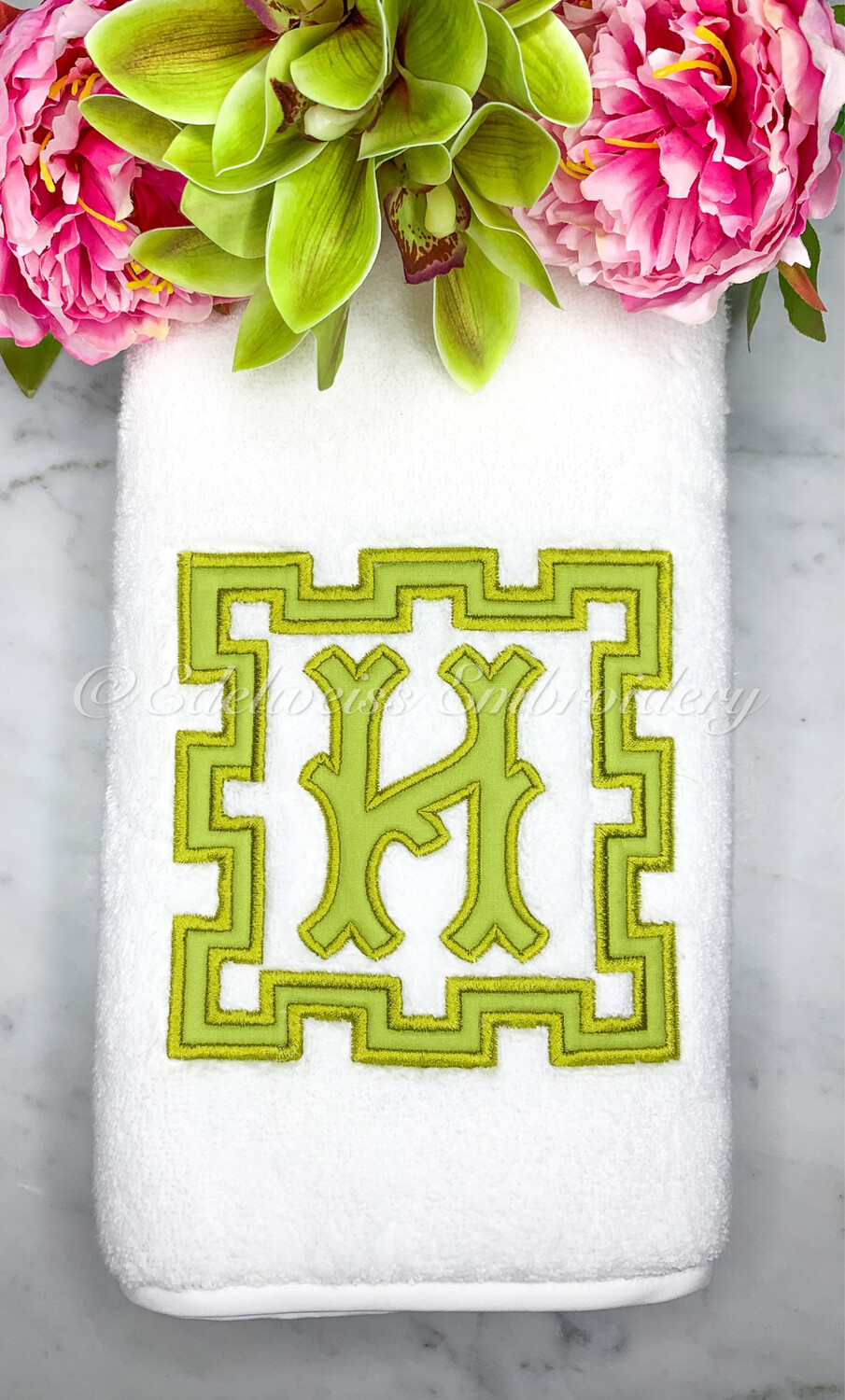 Greek 2 border appliqué With Pagoda Monogram Letter Towel  Or Tissue Cover