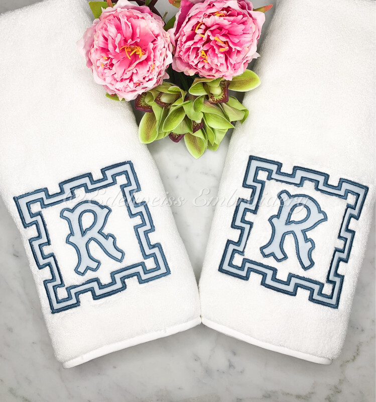 Greek 2 border appliqué With Pagoda Monogram Letter Towel Or Tissue Cover